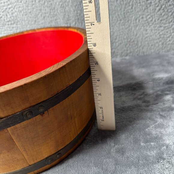 Vintage Paulding & Frost Wooden Popcorn Bowl Red Lined Kitschy Rustic Barrel 11" - Picture 8 of 9
